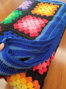 Vintage Granny Square Afghan Black Multicolor Blue Trim 92x56 Throw Sofa Blanket - Picture 1 of 9