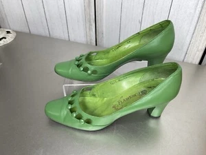 Vintage Flamenco Of Spain 6.5B Leather Studded Green Block Heel - Picture 1 of 6