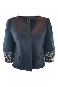 TORY BURCH Black Beige Peggy Calf Trim Wool Blend Jacket (US 4| UK 8) - Picture 1 of 3