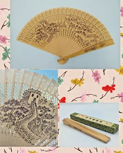 Folding Fan Sandalwood 2-Sided Wood Burned Village Design Die Cut Lacey Effect - Picture 1 of 9
