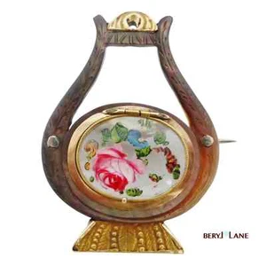 Antique 19th CENTURY Hand-painted 18k GOLD & MOTHER OF PEARL LYRE BROOCH/LOCKET - Picture 1 of 9