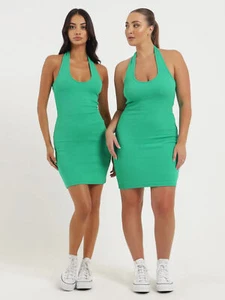 BEYOND HER Lottie Halter Dress in Lime Zest Scoop neckline Mini length - Picture 1 of 6