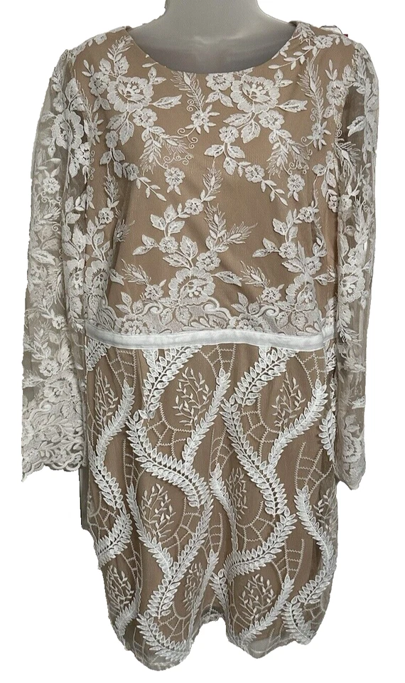 Marina White Lace Long Sleeve Short Sheath Dress Size Sz 14 Fairy Wedding - Imagem 1 de 4
