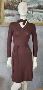 Vintage Adolfo Brown Small Bodycon Dress - Neck Tie - Belt - Wool Rayon Blend - Picture 1 of 11