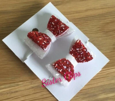SISTER CLIPS Set of 2 toddler / pigtail 1.5" bow hair bobbles red & white glitter