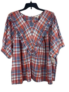 Blusa Terra & Sky Plus 4X Manga Corta Cuadros Volantes Rojo Azul Algodón Top Nueva con Etiquetas - Imagen 1 de 15