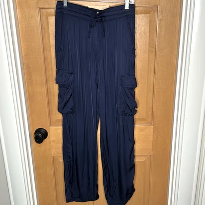 Aerie Satin Cargo Wide Leg Pants Size S Blue Slouchy Boho Comfy Elastic Waist - Image 1 of 4