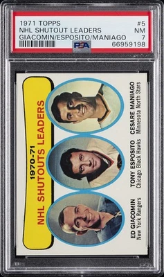 1971 TOPPS GIACOMIN/ESPOSITO/MANIAGO #5 NHL SHUTOUT LEADERS PSA 7 - Image 1 of 2