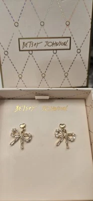 Betsy Johnson Earrings Gold Bow w/ Crystals Demure Coquette Aesthetic Pierced - Image 1 of 4