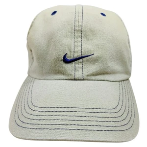 VTG Nike Center Swoosh Logo Hat Strapback Beige Khaki Blue Stitch Dad Cap Cotton - Picture 1 of 7