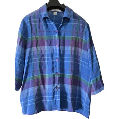 JOSEPHINE CHAUS 100% Seda Mujer Talla Pequeña Cuadros Manga 3/4 Botón Delantero  Foto 1 de 4