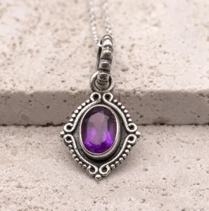 925 Sterling Silber Amethyst Edelstein Damen Vintage Design Anhänger Halskette - Bild 1 von 5