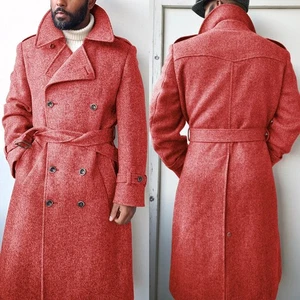 Men Overcoats with Belt Herringbone Long Wool Blend Double Breasted Coat Outwear - Picture 1 of 51
