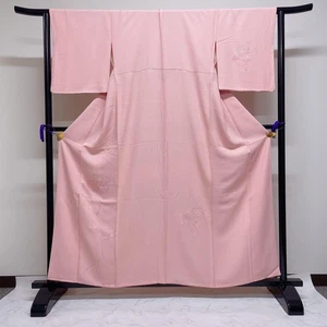 Tsumugi Swato Embroidery Pink Kimono with Maple Flower Fan Pattern, Size 160cm - Picture 1 of 8