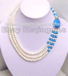 VENTA 6-7mm Collar Perla Blanco Natural de Agua Dulce 3 Hebras-5200 Envío Gratuito - Imagen 1 de 2