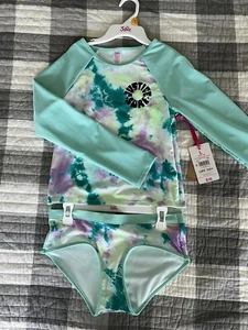 Long Sleeve Bathing Suit, Girls, Two Piece, Large 12/14, Teal/Multi - Picture 1 of 4