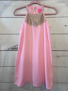 EUC 14 Girls Lilly Pulitzer Mini Pearl Shift Coral Reef Pink Gold Dress - Picture 1 of 5