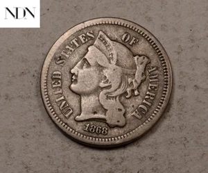 Moneda de tres centavos de 1868 (3 centavos) - fina (F) - moneda de tipo temprano - #TC116 - Imagen 1 de 3