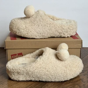 FitFlop Shuv Pom Pom zoccoli donna taglia 8 avorio riccio lana shearling muletto ciabatte - Foto 1 di 14