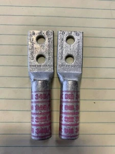 (2) - Burndy YA2V252TC14FX, 2-Hole 1/0 awg. Flex Lug, 1/4" Stud, 5/8" Spacing - Picture 1 of 2