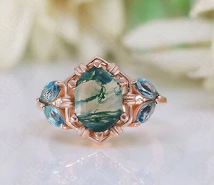 Hexagon Moss Agate 14K Rose Gold Plated 925 Silver Wedding Engagement Ring - Picture 1 of 7