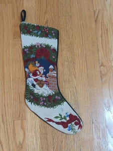 VTG Needlepoint Christmas Stocking , Santa Gifts Dark Green Velvet Backing M58 - Picture 1 of 6