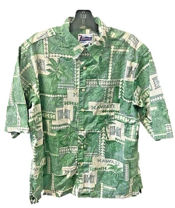 Vintage Reyn Spooner Hawaiian Shirt University Hawaii Green Palm Tapa Print Med - Picture 1 of 3