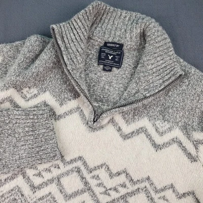 American Eagle Outfitters Mens Sweater Pullover Quarter Zip Gray Chevron Knit - Image 1 of 4