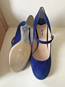 Miu Miu (Prada) Blue Suede Mary Jane Block Heel Pump w/Silver Glitter Bottom 40 - Picture 1 of 24