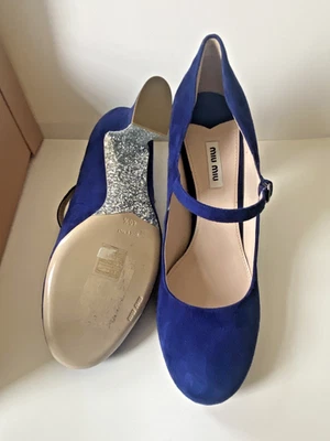 Miu Miu (Prada) Blue Suede Mary Jane Block Heel Pump w/Silver Glitter Bottom 40 - Image 1 of 4