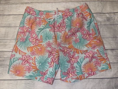 Men’s Large Members Mark Pink Teal Tropical Swim Trunks - Image 1 of 3