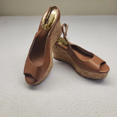 Michael Kors Plataforma Cuero Eslinga Trasera Punta abierta Corcho Cuñas Marrón Para Mujer 7.5M Foto 1 de 4
