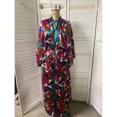 80s 90s Frederick's of Hollywood Satin Long Full Length Jewel Tone Robe Large - Image 1 of 4
