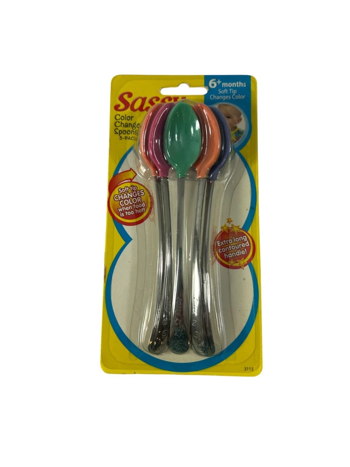Paquete de 5 cucharas cambiantes de color Sassy 2001 vintage nuevas stock antiguo punta suave bebé Foto 1 de 4