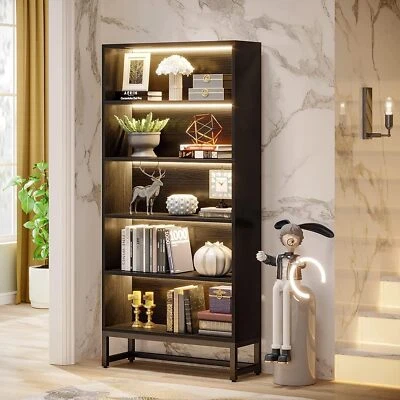 Librería de 70,8" de alto estantería negra de 5 niveles con luces LED para el hogar moderno Foto 1 de 4
