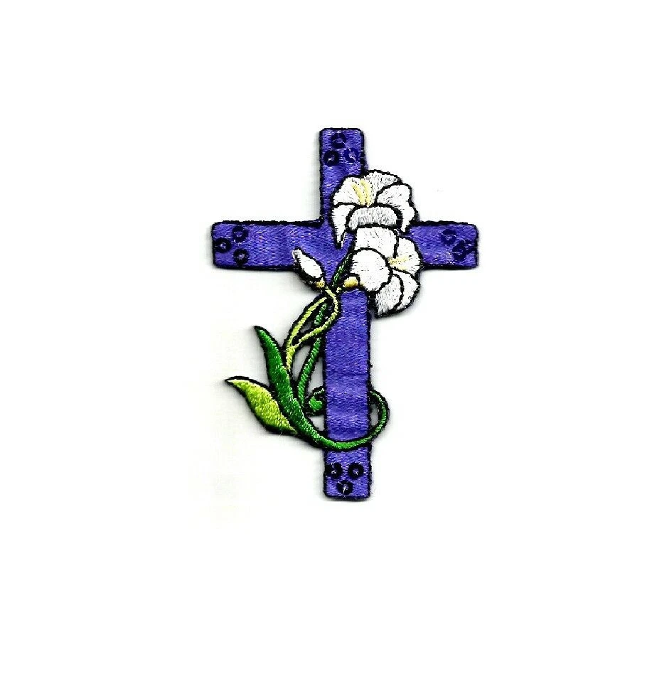 Cross - Easter - Lilies - Purple Cross - Church - Embroidered Iron On Patch - Image 1 of 1