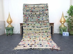 Moroccan Handmade Vintage Boucherouite 4'x7'8" Berber Solid Green Red Cotton Rug - Picture 1 of 12