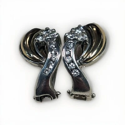 Designer Signed Sterling Silver & 18K Omega Back Earrings W/ Clear Spinel Foto 1 de 4