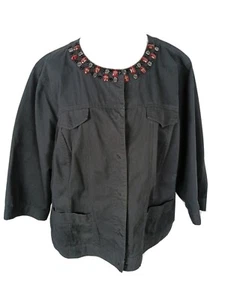 Ruby Rd Womans Sz 22W Black Beaded 100% Cotton Unlined Jacket S17 - Picture 1 of 13