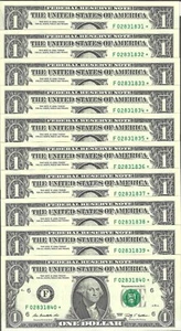 10 Consecutive - 2009 $1 F *Star* Federal Reserve Notes - Crisp Uncirculated - Picture 1 of 2