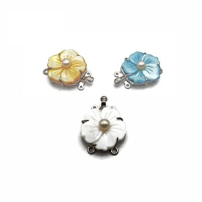 Flower Shell Clasp Connector w/Pearl Center White/Blue/Yellow 21x28mm Per Piece - Image 1 of 4