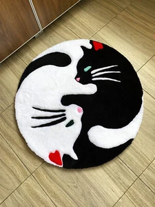 Round Tufted Japaneze Style Rug with Cute Cats in Yin Yang Without Tariff & duty - Picture 1 of 9