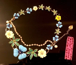 BETSEY JOHNSON Enamel Blue Green & Yellow Flowers Gold Chain/Rhinestone Necklace - Bild 1 von 16