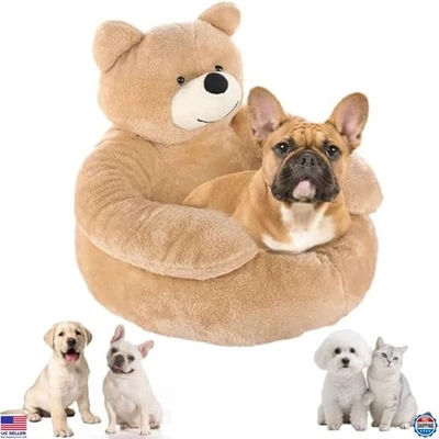 Acogedora cama de oso de peluche para perros con brazos - felpa suave, cubierta lavable, base antideslizante Foto 1 de 4