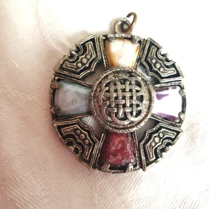 Vtg 70s 80s Celtic Pendant Pin Silver Tone Metal Agate Retro - Picture 1 of 5