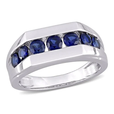 AMOUR 1 1/4 CT TGW Created Blue Sapphire Channel Set Men's Ring In Sterling - Image 1 of 4
