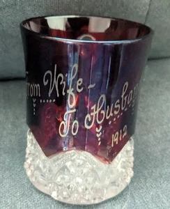 Antica tazza ricordo vetro inciso taglio flash rosso rubino da moglie a marito 1912 - Foto 1 di 8