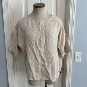 BECASA Women's Small 100% Linen Short Sleeve Shirt Top Cream Oatmeal Lagenlook - Picture 1 of 7