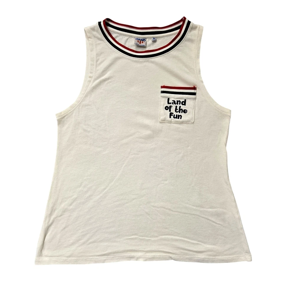 Camiseta sin mangas de comida chatarra para mujer mediana Land of the Fun gráfico retro de bolsillo Foto 1 de 4