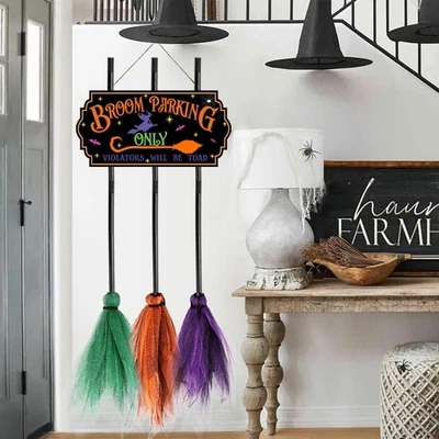 Quirky Broom Parking Decorations Sign with 3 Unique Wooden Witch Brooms - Image 1 of 4